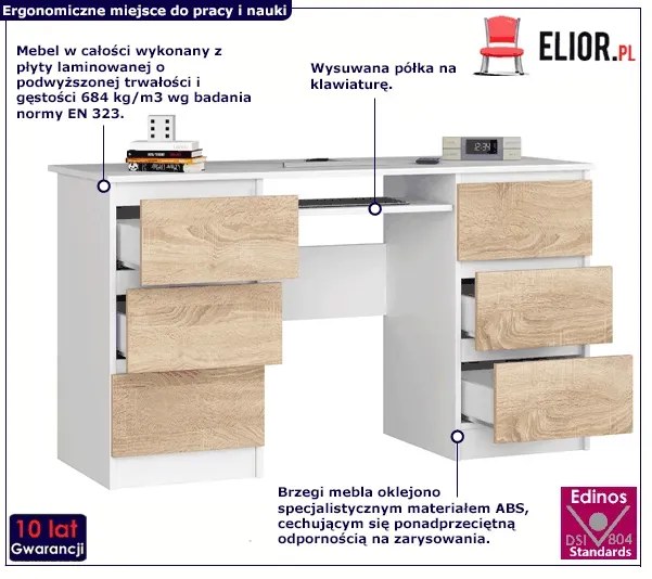 Biurko młodzieżowe białe+dąb sonoma - Wextis 2X