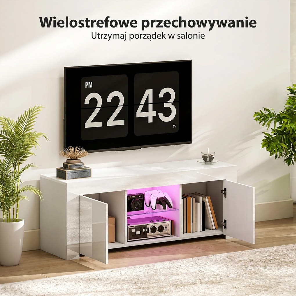 HOMCOM Stolik RTV z LED biała szafka pod telewizor do salonu z półką szklaną i otworami na kable | Aosom PL