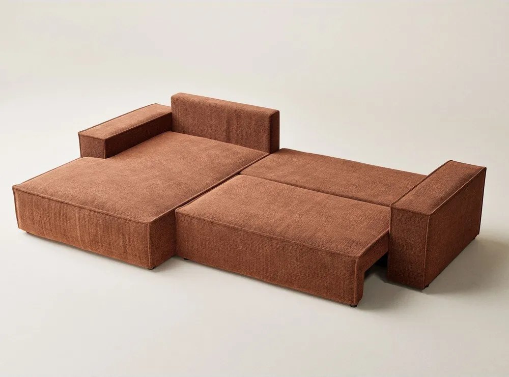 Rozkładany narożnik ze schowkiem z tkaniny szenilowej (lewostronny/z szezlongiem) w kolorze miedzi Maze – Maison de Rêve