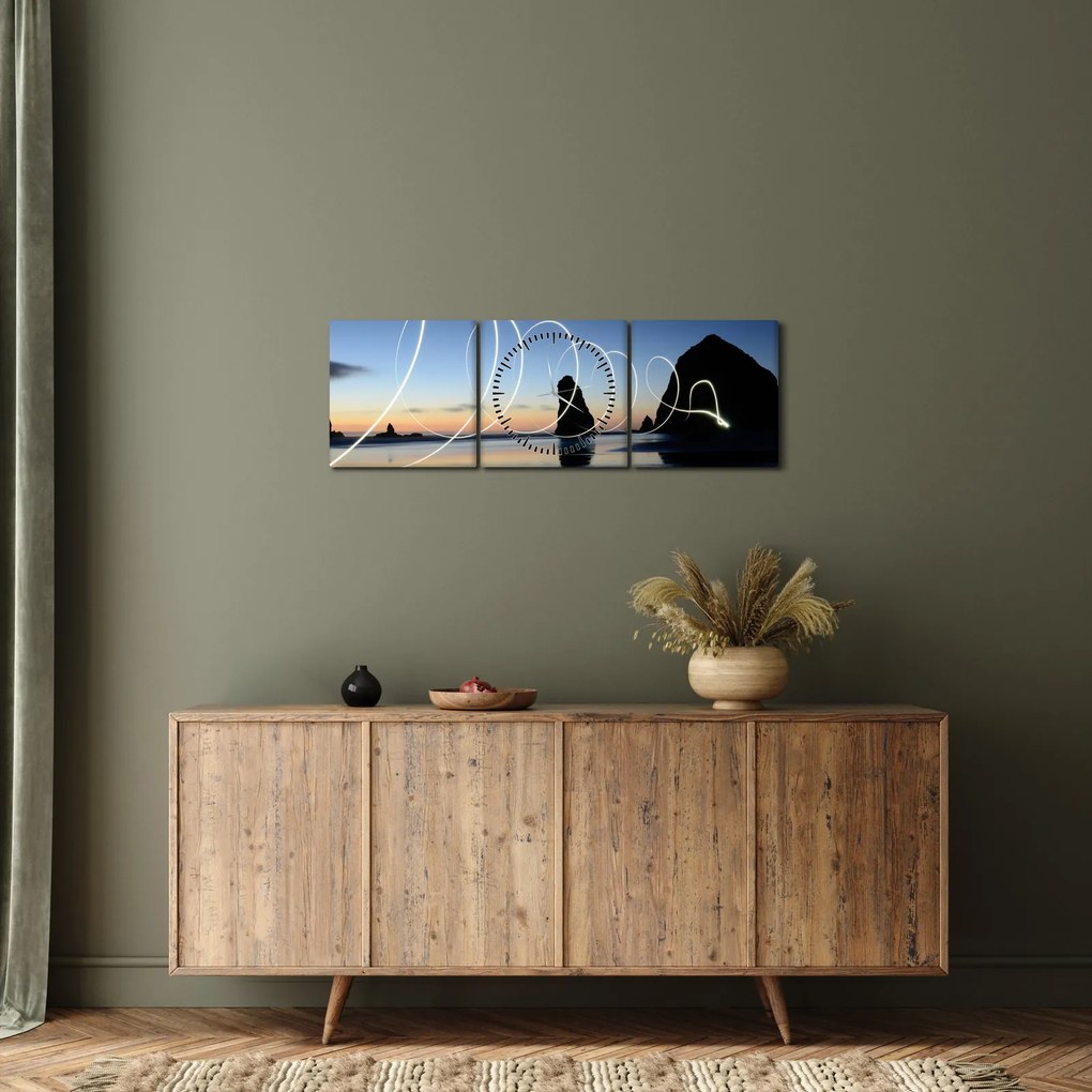 Obraz - plaża o zachodzie słońca (z zegarem) (90x30 cm)