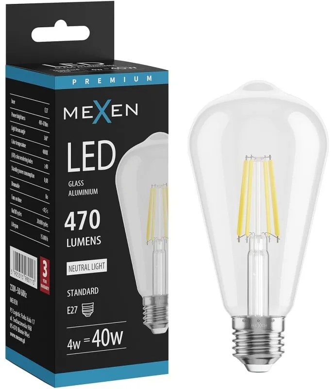 Mexen Vintis żarówka filament LED E27, ST64, 4W, Neutralna - 4000K, 470 lm, clear - L152-E27-0440-00