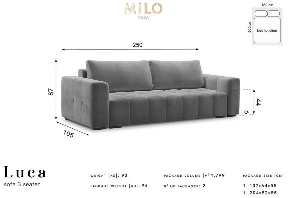 Ciemnoszara aksamitna rozkładana sofa Milo Casa Luca