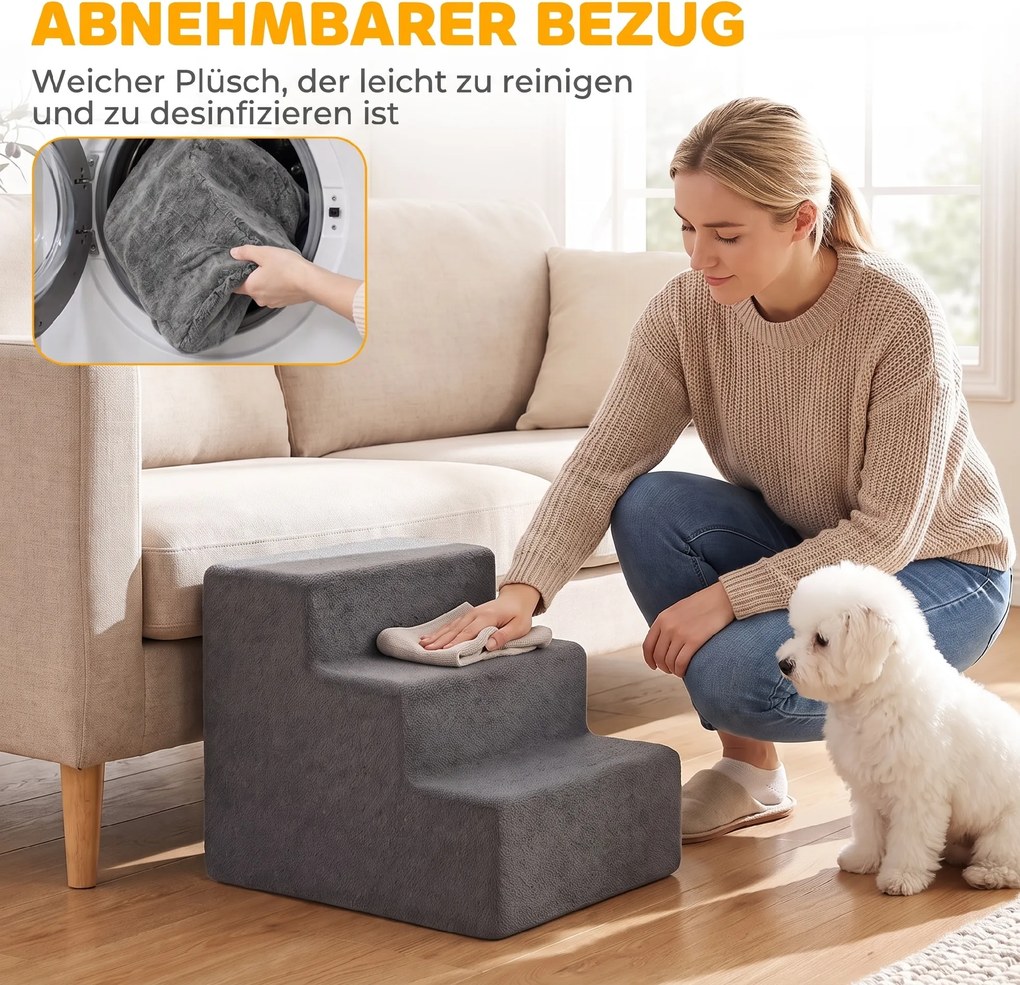 PawHut Schodki dla psa 3-stopniowe ze zdejmowanym pokrowcem dla małych psów 35 cm Ciemnoszary | Aosom PL