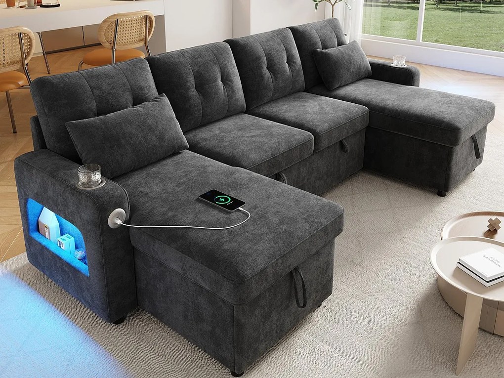 Kanapa narożna 4-osobowa - z miejscem do przechowywania - z uchwytem na kubek - z portem USB - z oświetleniem LED - szary