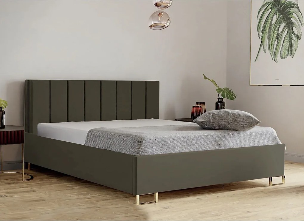 Łóżko tapicerowane MALIBU, wezgłowie, obicie MONOLITH, pojemnik na pościel, podnośnik gazowy, wysokość spania 39 cm, 120x200 cm, Oliwkowa Zieleń
