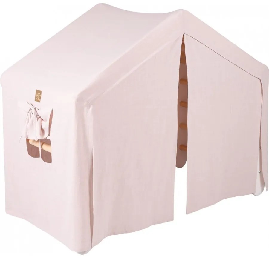 Duży domek z drabinką dla dzieci 112x61x94 cm składaną do pokoju. drewno, len, wiskoza, różowy domek, biała drabinka. - meowbaby®