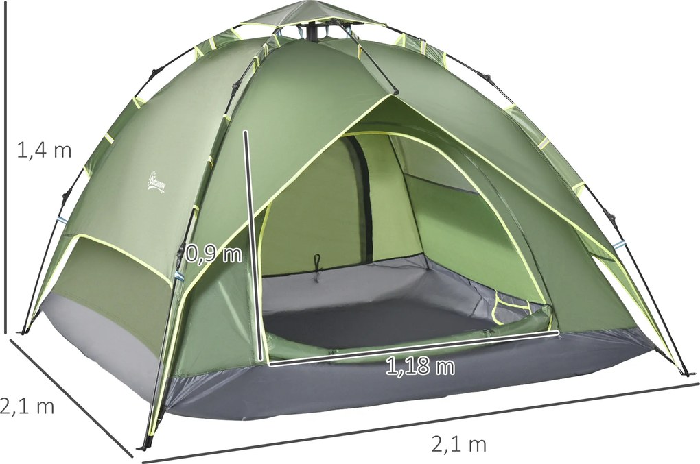 Outsunny Namiot kempingowy szybki montaż dla rodziny 2 dorosłych 1 dziecko wodoodporny zielony 210x210x140cm | Aosom PL