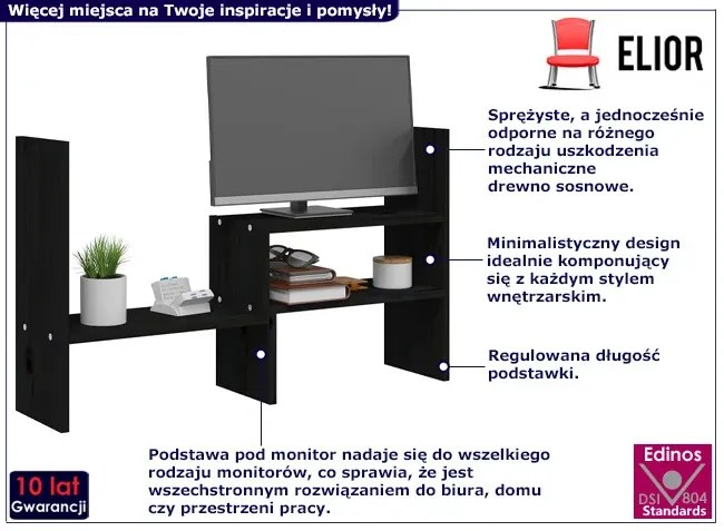 Czarna regulowana nadstawka na biurko biały połysk