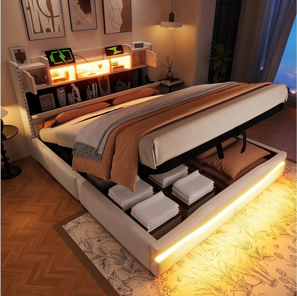 Łóżko tapicerowane z pojemnikiem - 160 x 200 cm - z USB-C + diodami LED - zagłówek ze schowkiem - len + płyta MDF - beż