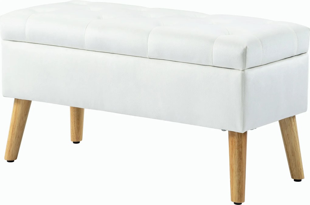 HOMCOM Tapicerowana ławka z miejscem do przechowywania, obicie w aksamitnym wykończeniu, nogi z drewna, do salonu, sypialni, przedpokoju, 80 x 35 x 40 cm, Biały