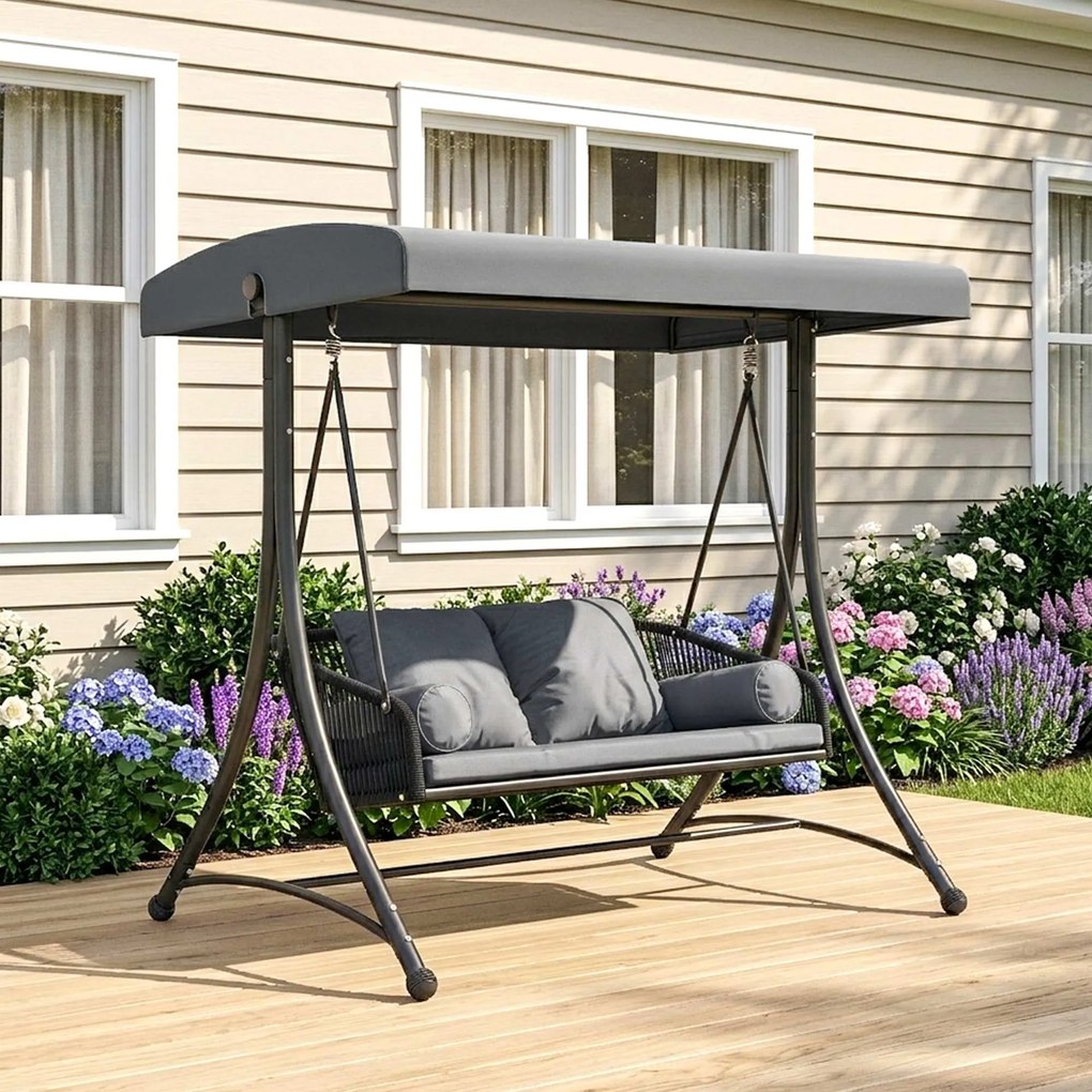 Outsunny Huśtawka Ogrodowa Rattan 2-osobowa z Regulowanym Daszkiem, Miękkimi Poduszkami, Ciemnoszara | Aosom PL