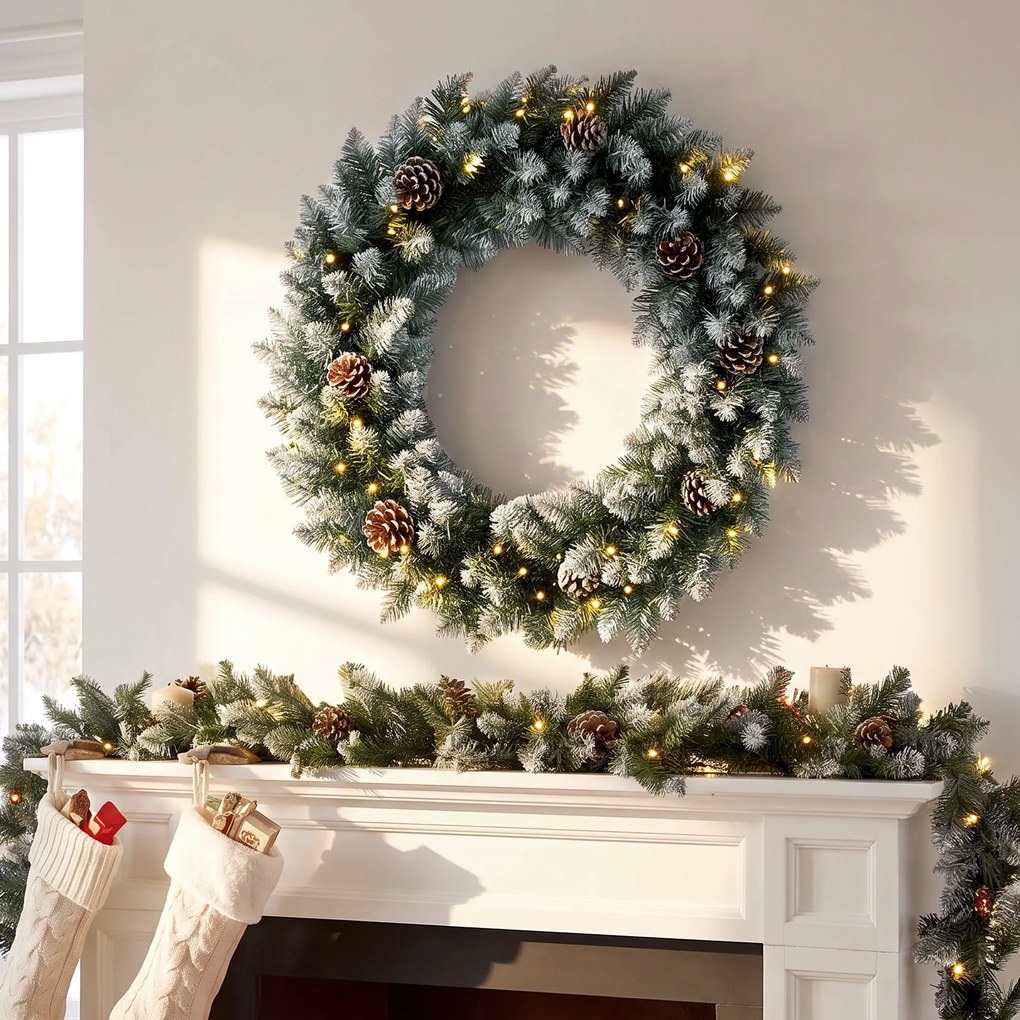 HOMCOM Wieniec świąteczny 60 cm oświetlony, wieniec drzwiowy z 50 LED, szyszki, sztuczny śnieg na Boże Narodzenie i adwent, drzwi wejściowe | Aosom PL