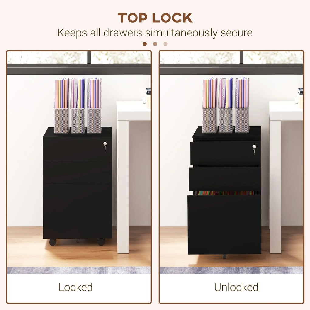 Vinsetto Kontener na dokumenty, 3 szuflady, zamykany, na kółkach, 37 cm x 43,5 cm x 60 cm, Czarny | Aosom PL