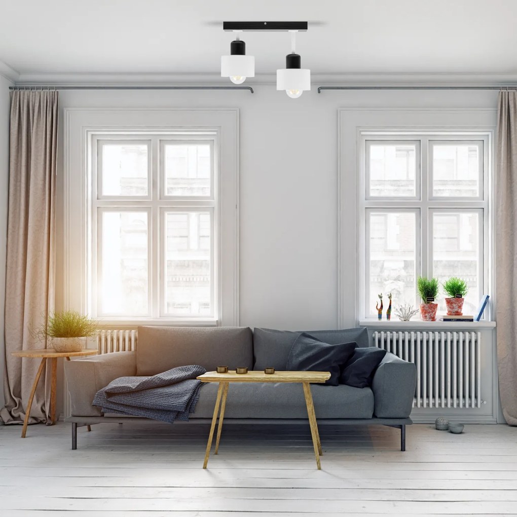 Biało-czarna lampa sufitowa, dwupunktowy spot DWE30x7SC z drewna i met