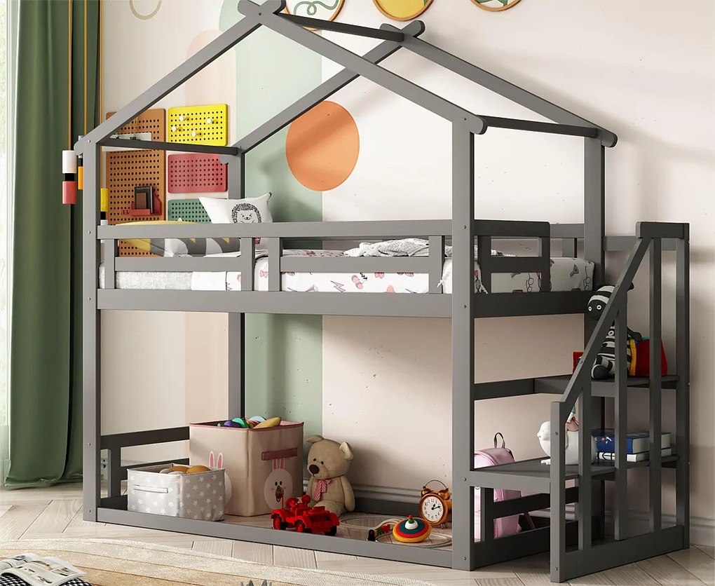 Łóżko piętrowe Cabin z miejscem do przechowywania - 90 x 200 cm - sosna - barierki i schody - szare