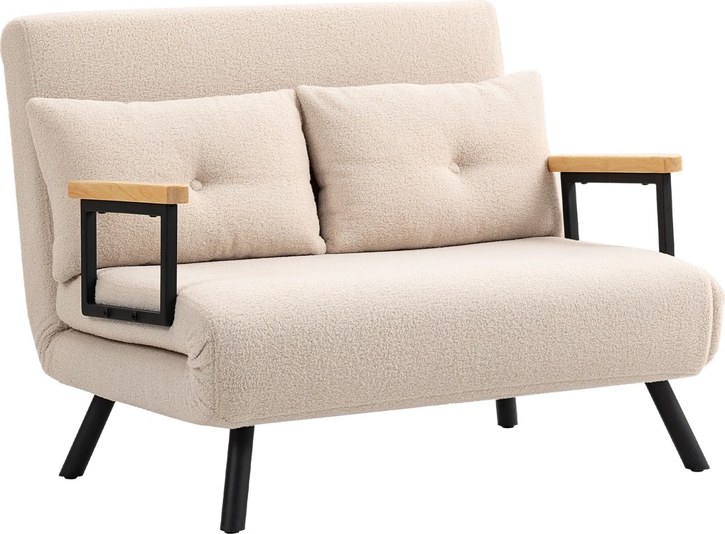 HOMCOM Sofa rozkładana 2-osobowa, sofa welurowa, funkcja spania, w zestawie 2 poduszki, wygląd weluru, Naturalny + Beżowy + Czarny | Aosom PL