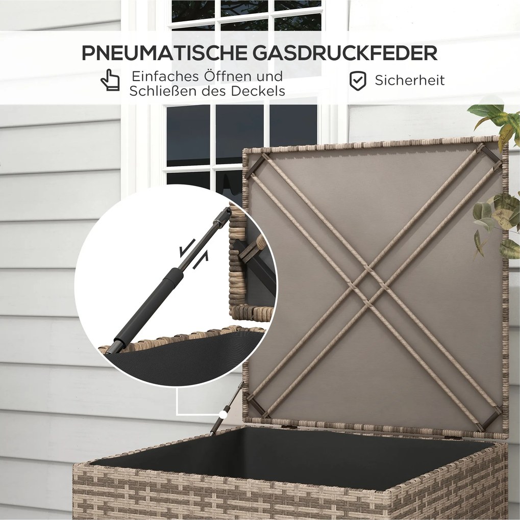 Outsunny Skrzynia na poduszki z polirotangu, wyściółka wewnętrzna, łatwe otwieranie/zamykanie, rama metalowa, 75S x 75G x 70W cm, Kolor czarny