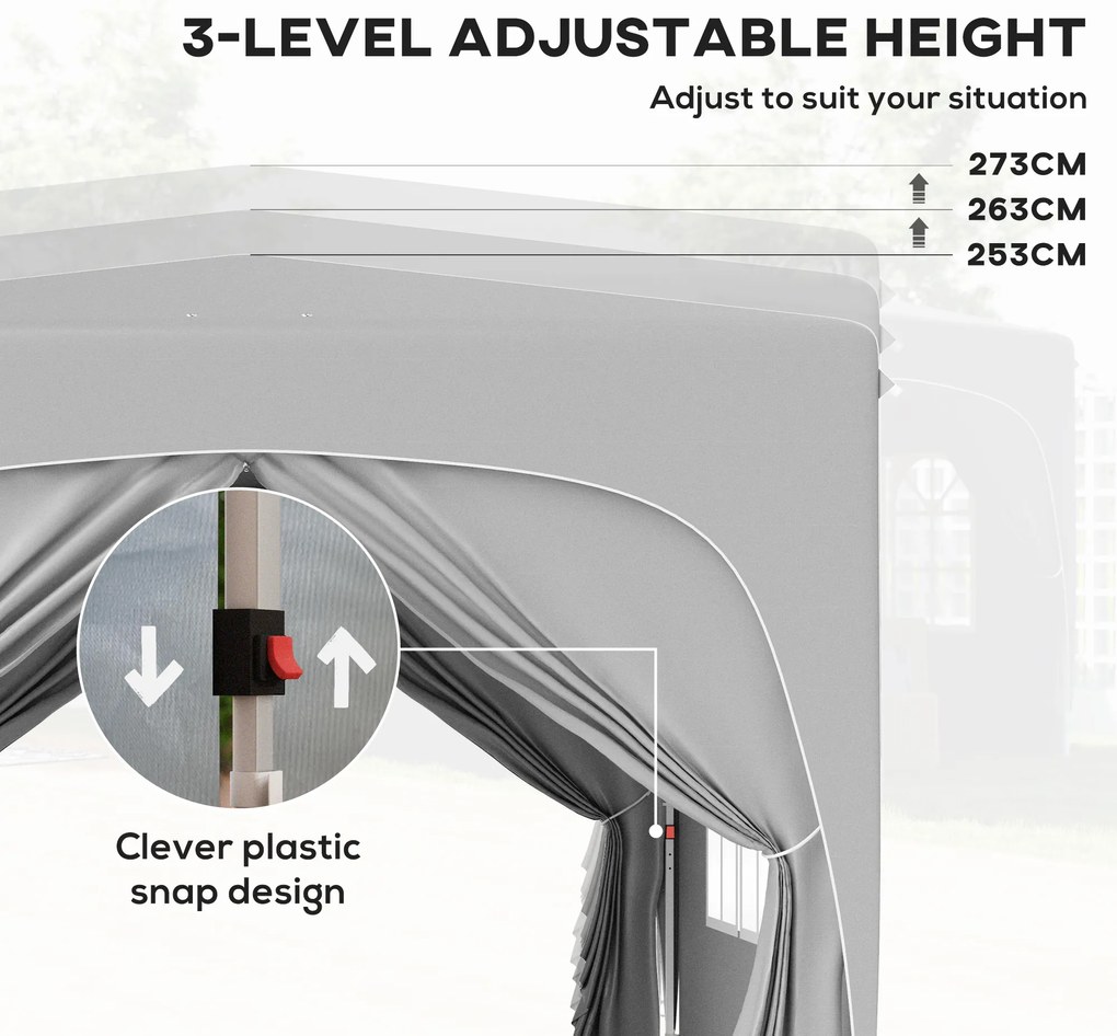 Outsunny Pawilon 3 x 3 m, Pop-Up Namiot Ogrodowy ze Ścianami Bocznymi i Torbą, UPF50+, Regulowana Wysokość, Jasnoszary