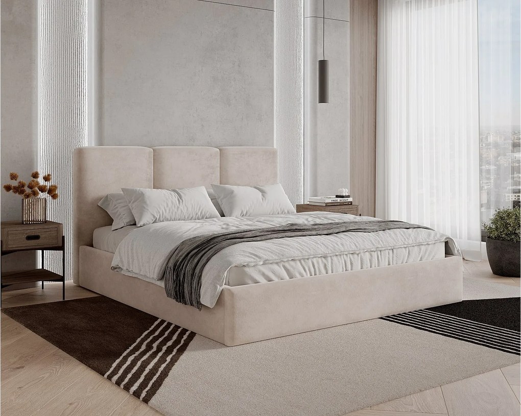 BESILIO Łóżko tapicerowane z pojemnikiem 140x200 Mira - Łóżko slim, łóżko minimalistyczne, stelaż metalowy- Beżowy