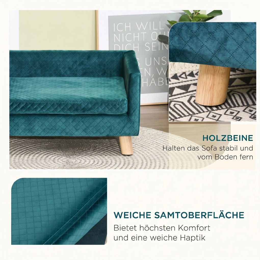 PawHut Sofa dla psa łóżko dla psa kanapa z weluru z oparciem, nogi drewniane, poduszka, do 8 kg 64 x 45 x 36 cm Niebieski | Aosom PL