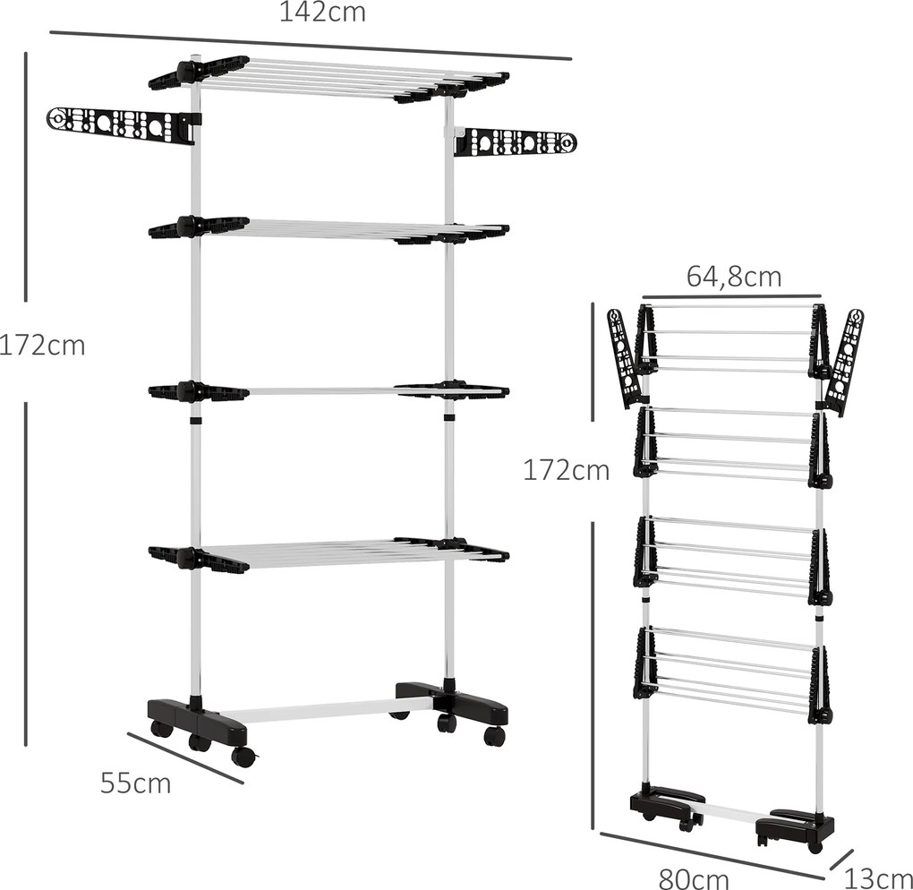 HOMCOM Suszarka do ubrań 5 poziomów, składana, system One-Klick, 142 cm x 55 cm x 172 cm, Czarny + Srebrny