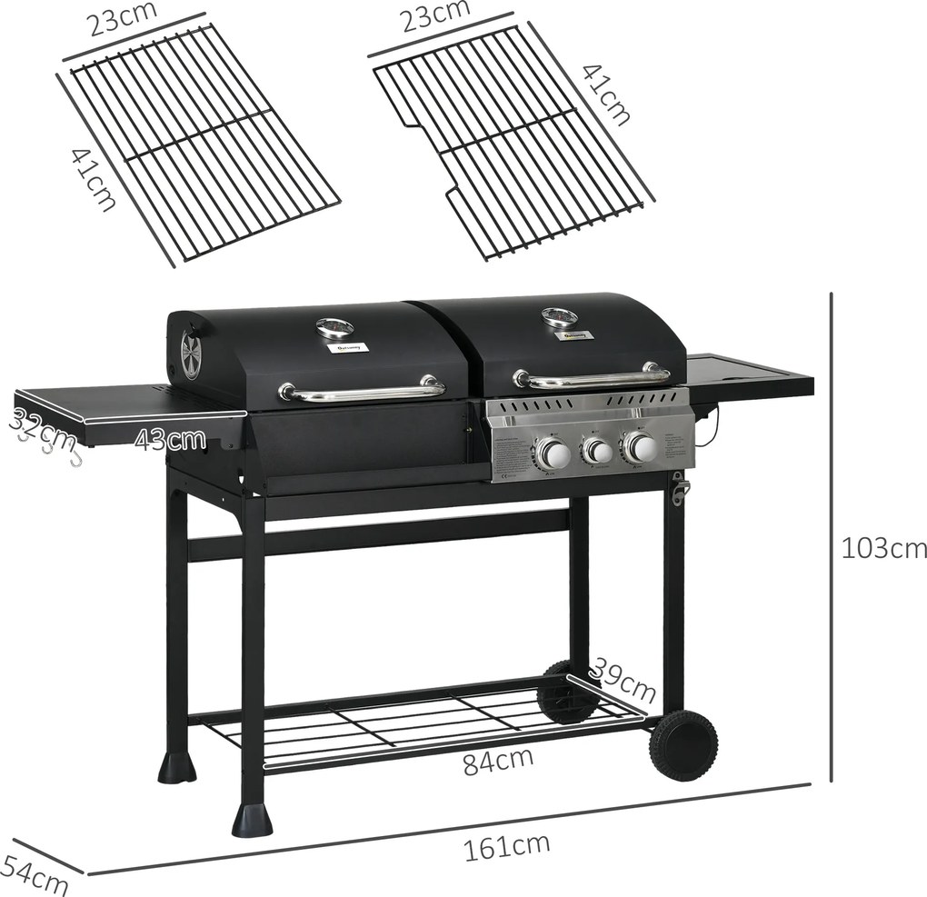 Outsunny Grill gazowy BBQ-Grill, z termometrem, płytkami podgrzewającymi, 161 x 53 x 101 cm, Czarny + Srebrny