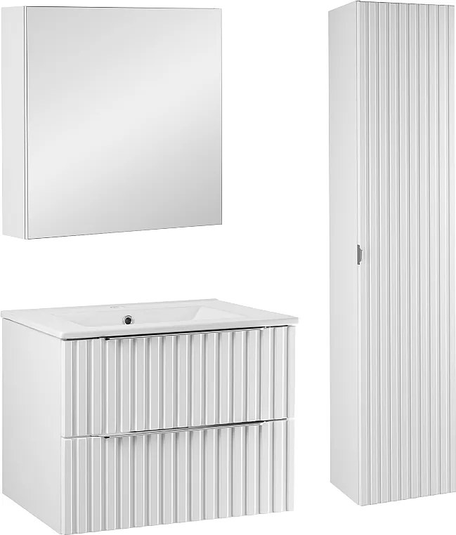 Zestaw Łazienkowy 60cm Ryflowane Fronty Biały Amy Słupek Szafka z Lustrem