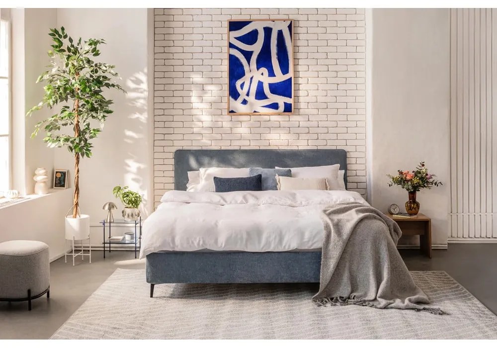 Niebieskie tapicerowane łóżko dwuosobowe ze stelażem 160x200 cm Noira Slim – Bonami Selection