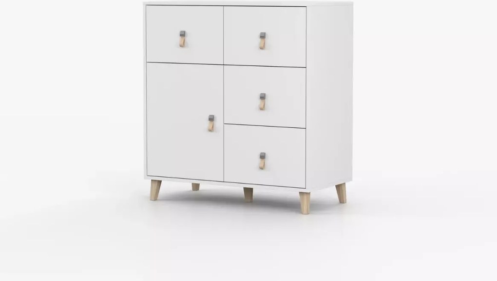 Komoda Wousia 90 cm – 4 szuflady i szafka, biała komoda skandynawska