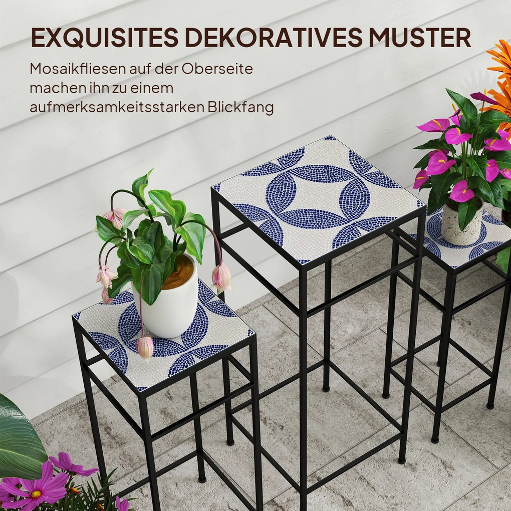 Outsunny Zestaw 3 stojaków na rośliny, 3 różne wielkości dla prezentacji kwiatów i innych przedmiotów, Niebieski+Biały