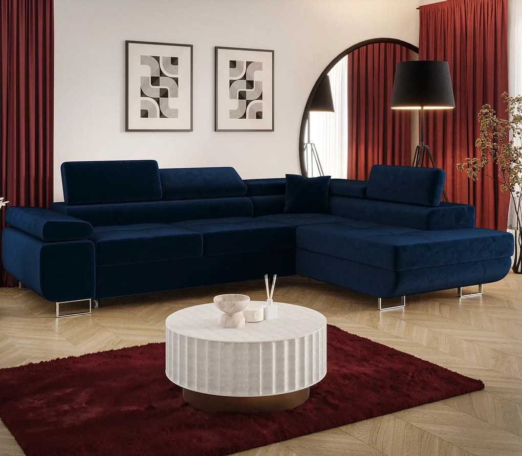 Granatowy narożnik welurowy z funkcją spania L8-P70