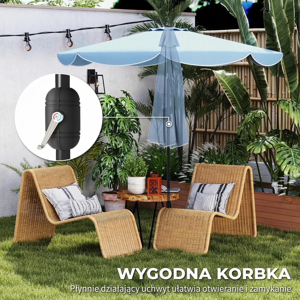 Outsunny Parasol ogrodowy okrągły balkonowy z 3-stopniową regulacją nachylenia, korbka, 8 żeber, Ø265 x 235H cm, jasnoniebieski | Aosom PL