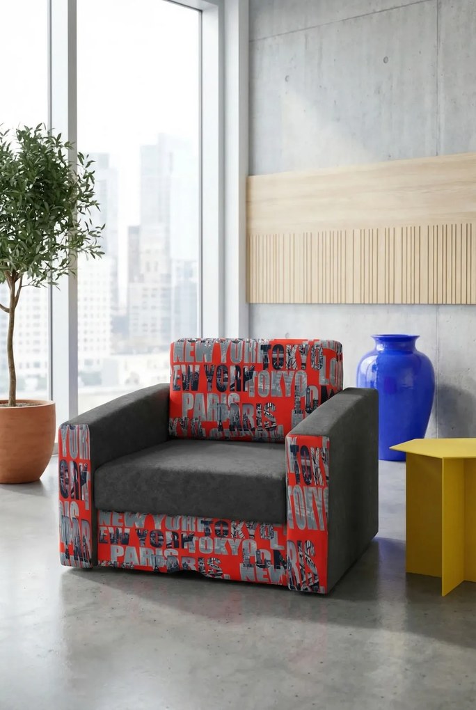 Szaro-czerwony fotel z funkcją spania P9-S17