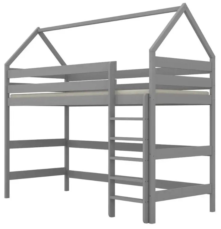 Łóżko domek na antresoli TOBI 2 200x80 szare drewniane KOCOT KIDS