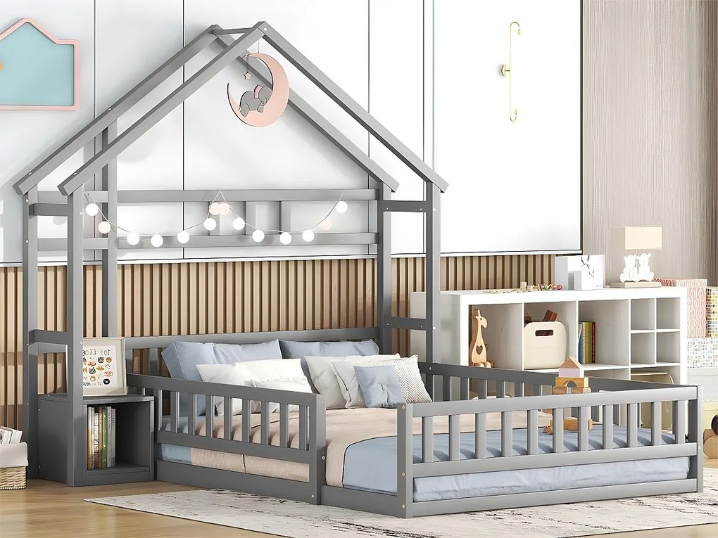 Łóżko dziecięce 140x200cm z szafką nocną i barierkami zabezpieczającymi - stelaż na listwach - Szary