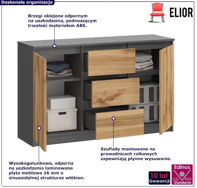 Komoda Z 3 Szufladami I Półkami Antracyt + Dąb Wotan R3-K19