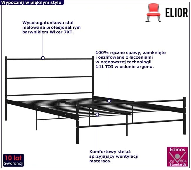 Czarne metalowe łózko w stylu industrialnym 140x200 cm biały połysk