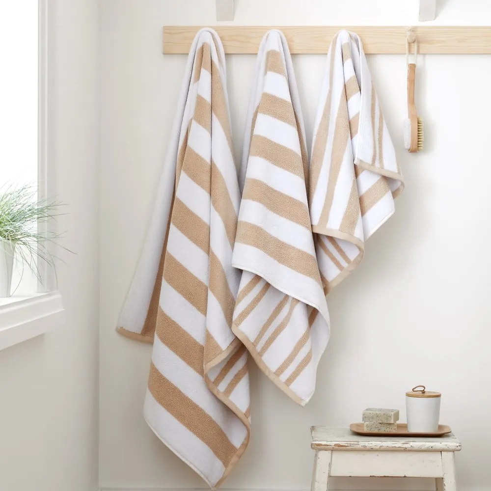 Biały/beżowy bawełniany ręcznik kąpielowy 70x120 cm Stripe Jacquard – Bianca