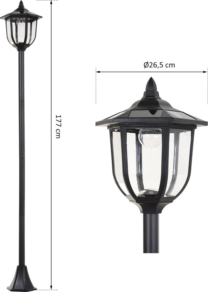 Outsunny Solarna latarnia ogrodowa LED, latarnia, lampa ogrodowa, 30/60 lumenów, stal nierdzewna, kolor czarny 26,5 x 177 cm | Aosom PL