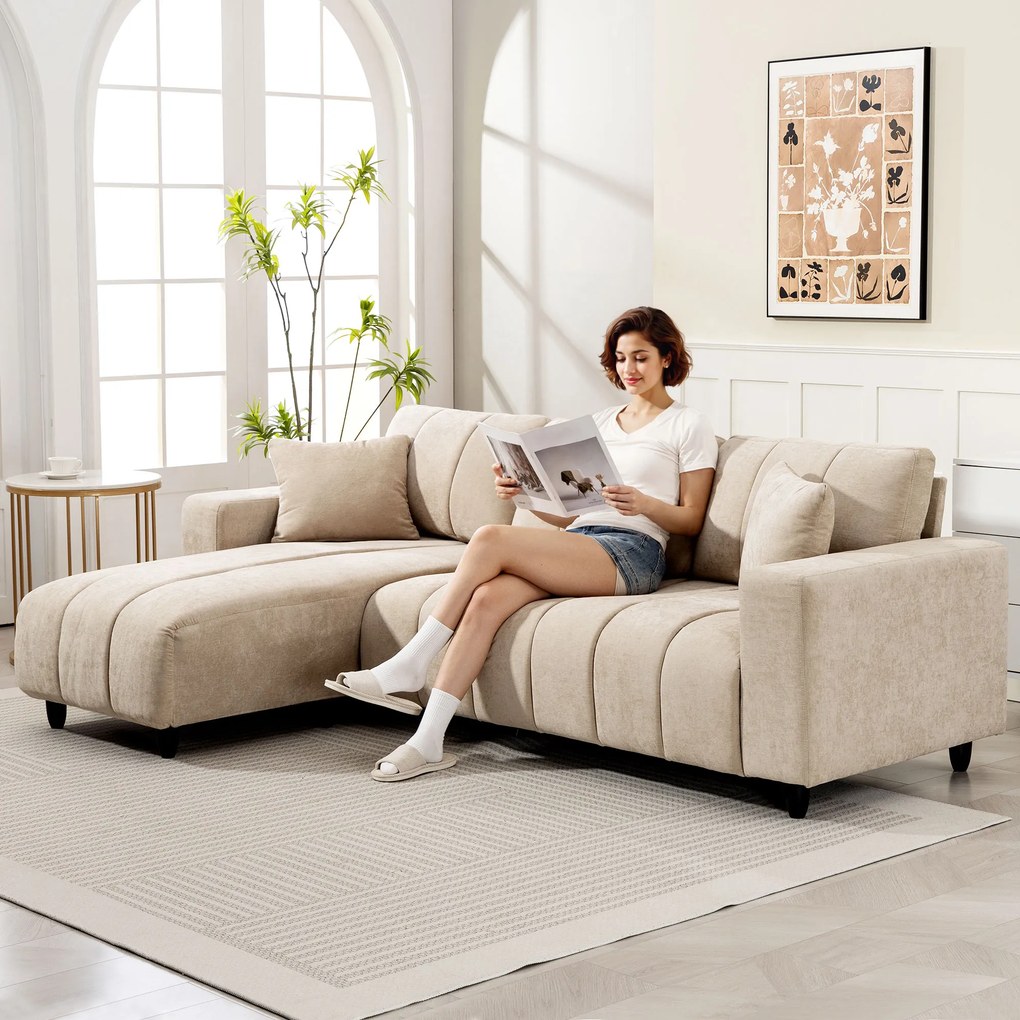 HOMCOM Narożnik w kształcie L z elastycznym szezlongiem, 3-osobowa sofa z 2 poduszkami, stalowy stelaż, do salonu, beżowy