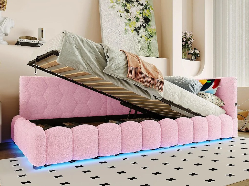 Narożnik wypoczynkowy z pojemnikiem 90x200 cm - z oświetleniem LED - z USB + Type-C - różowy (bez materaca)