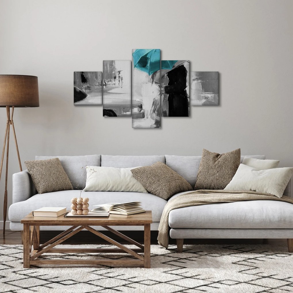Obraz - Zakochana para z parasolem, niebieski (125x70 cm)
