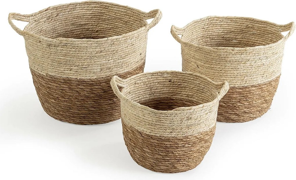 Zestaw trzech koszyków z plecionki z włókna naturalnego, biały/naturalny.