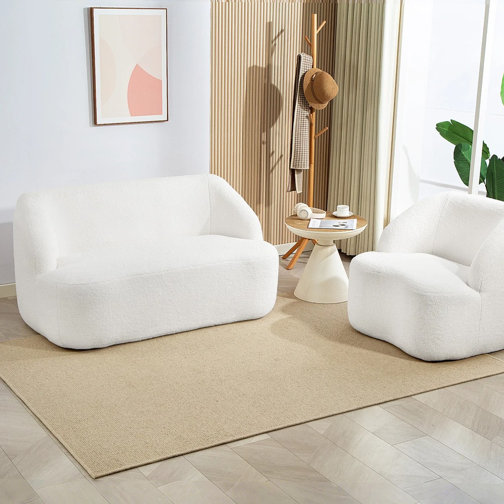 HOMCOM Sofa 2-osobowa, zaokrąglony design, kanapa z pokryciem fleece, do salonu, sypialni, biura, Kremowy