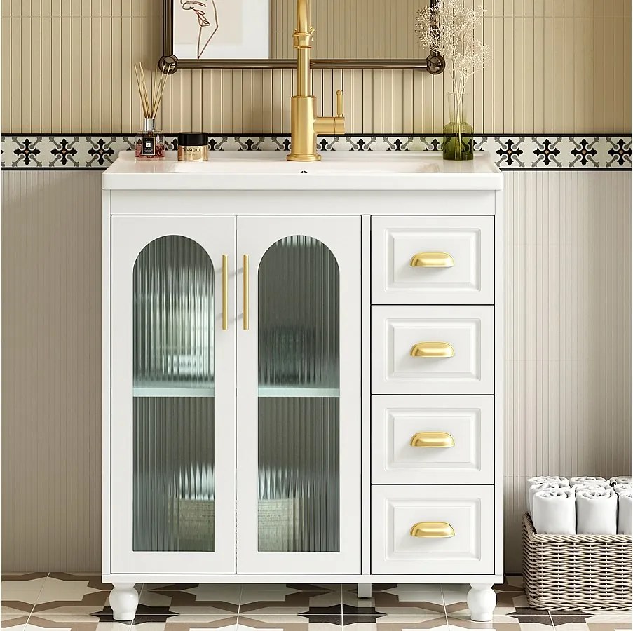 Szafka łazienkowa z pojedynczą umywalką - 80 x 47 x 90 cm - umywalka ceramiczna + 3 szuflady + 2 drzwi - MDF - biała