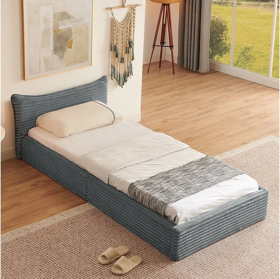 Łóżko dziecięce 90x200 cm z zagłówkiem i stelażem z listew, szary szenil - bez materaca