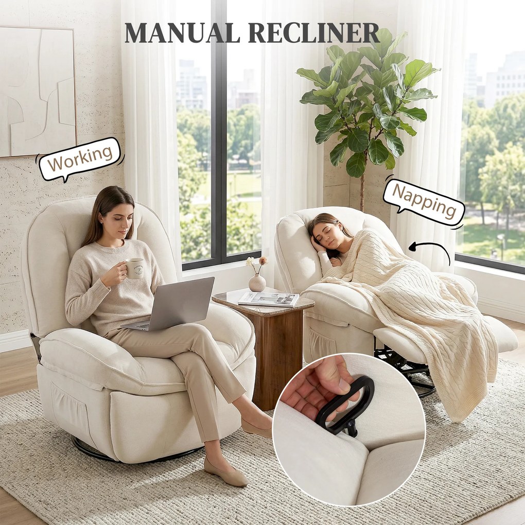 HOMCOM Fotel Relaksacyjny, Obracany Fotel z Funkcją Kołysania i Rozkładania, Głębokie Siedzisko, Grube Oparcie, Łatwy Montaż, Kremowy | Aosom PL