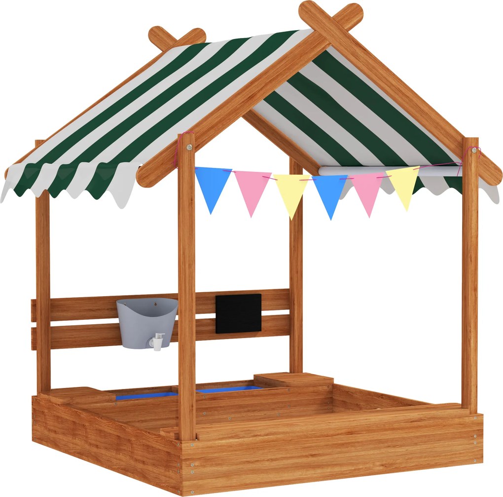 Outsunny Piaskownica z Ochroną Przeciwsłoneczną, Design Domku Zabaw, z Zestawem Zabawkowym, Obrabiane Drewno, 124 x 116 x 146 cm, Pomarańczowa