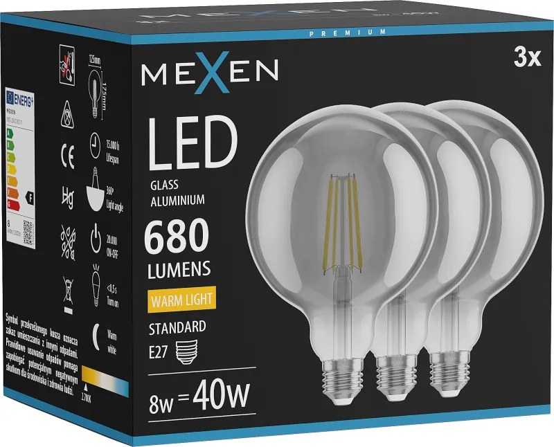 Mexen Vintis 3x żarówka filament LED E27, G125, 8W, Ciepła - 2700K, 680 lm, smoke - L158-E27-0827-70x03