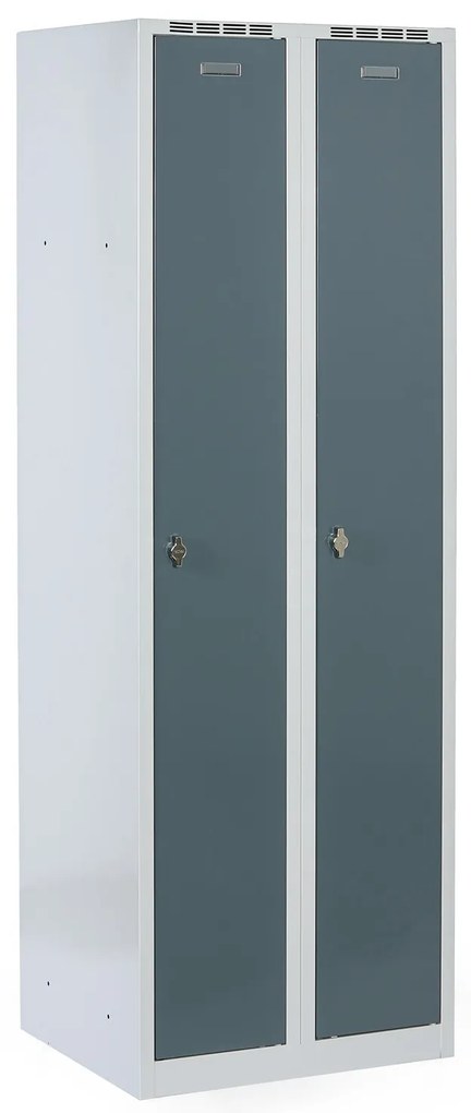 Metalowa szafka ubraniowa S8 na cokole, 2-drzwiowa, 1800 x 600 x 500 mm, zamek obrotowy, drzwi ciemnoszare